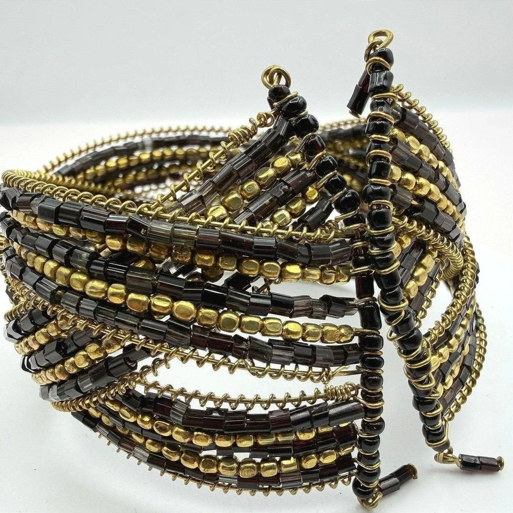 Vintage Cuff Wrap Beaded Braided Bracelet Black Gold Tone‎ Flexible Boho Unisex